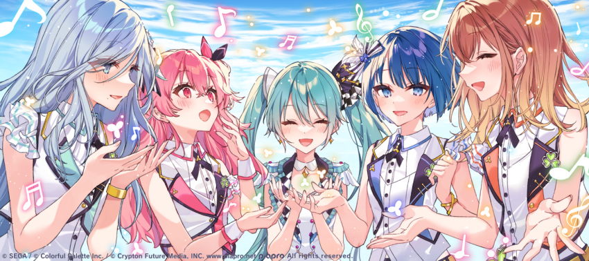 5girls :d ^_^ beamed_eighth_notes beamed_sixteenth_notes blue_eyes blue_hair blue_sky blush brown_hair closed_eyes cloud cloudy_sky collared_shirt commentary_request day dress_shirt eighth_note grey_hair hair_between_eyes hanagata hanasato_minori hatsune_miku hinomori_shizuku kiritani_haruka long_hair mole mole_under_mouth momoi_airi more_more_jump!_(project_sekai) more_more_jump!_miku multiple_girls musical_note official_art one_side_up open_clothes open_vest outdoors pink_hair project_sekai quarter_note red_eyes shirt sky sleeveless sleeveless_shirt smile treble_clef twintails upper_body vest white_shirt white_vest