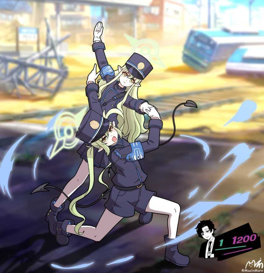 2girls :d absurdres armband black_footwear black_hat black_shorts black_skirt blue_archive blue_armband blurry blurry_background boots commentary_request demon_tail frown full_body gloves green_hair green_halo halo hat highlander_sidelocks_conductor_(blue_archive) highlander_twintails_conductor_(blue_archive) highres holding_hands long_hair looking_at_viewer majinmallow multiple_girls outdoors parody persona persona_5 pointy_ears railroad_tracks shako_cap shorts sidelocks skirt smile tail train trait_connection twintails white_gloves yellow_eyes