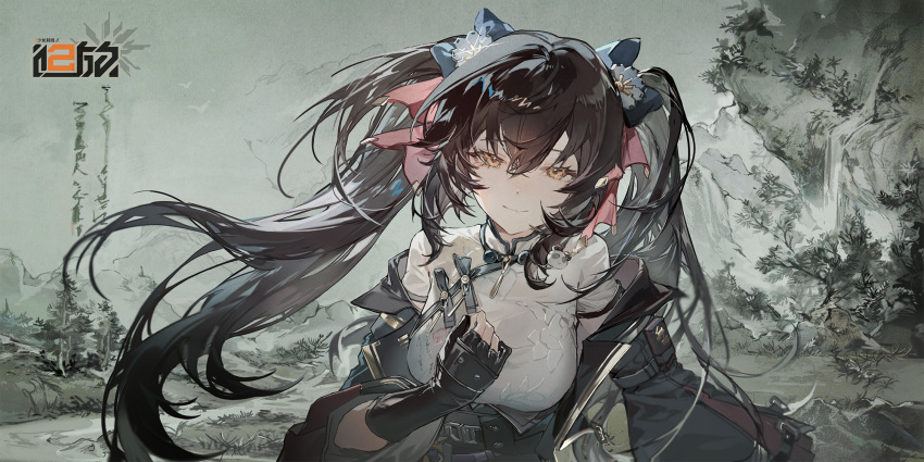 1girl black_gloves blue_bow bow breasts brown_hair chinese_clothes chinese_commentary copyright_name girls'_frontline girls'_frontline_2:_exilium gloves hair_between_eyes hair_bow hand_on_own_chest highres logo long_hair looking_at_viewer official_art partially_fingerless_gloves red_bow smile solo straight-on twintails type_97_(girls'_frontline) upper_body yellow_eyes