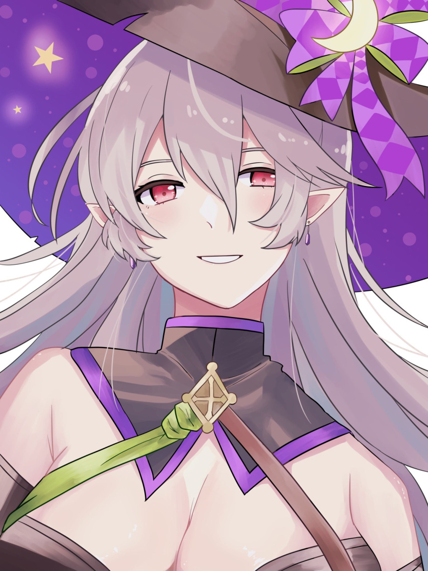 1girl bare_shoulders black_dress breasts cleavage corrin_(female)_(fire_emblem) corrin_(female)_(halloween)_(fire_emblem) corrin_(fire_emblem) crossed_belts dress earrings fire_emblem fire_emblem_fates fire_emblem_heroes grey_hair grin halloween halloween_costume hat highres jewelry large_breasts long_hair looking_at_viewer n_54 off-shoulder_dress off_shoulder official_alternate_costume pointy_ears red_eyes simple_background smile solo upper_body white_background witch witch_hat