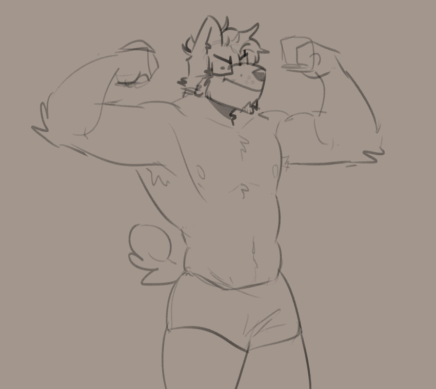 2021 absurd_res anthro briefs brown_background canid canine canis clothing digital_media_(artwork) domestic_dog eyewear flexing glasses hi_res male mammal melaisen monochrome portrait silly simple_background sketch three-quarter_portrait underwear