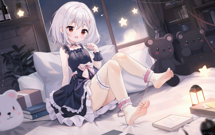 1girl absurdres ankle_cuffs bare_legs barefoot bdsm black_skirt book cuffs feet foot_focus full_body highres kinoshita_ringo_(ryve5758) legs original pillow rope short_hair skirt soles stuffed_animal stuffed_toy teddy_bear toes white_hair