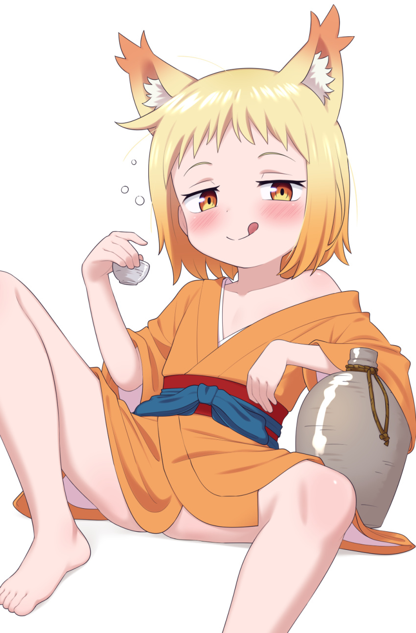 1girl :q animal_ears barefoot blonde_hair blush choko_(cup) commentary cup fox_ears gradient_hair highres holding holding_cup japanese_clothes kimono knee_up licking_lips looking_at_viewer multicolored_hair orange_eyes orange_hair orange_kimono paid_reward_available seductive_smile sengoku_youko shino_(shinokani) simple_background single_bare_shoulder sitting smile solo spread_legs squeans tama_youko tokkuri tongue tongue_out variant_set white_background