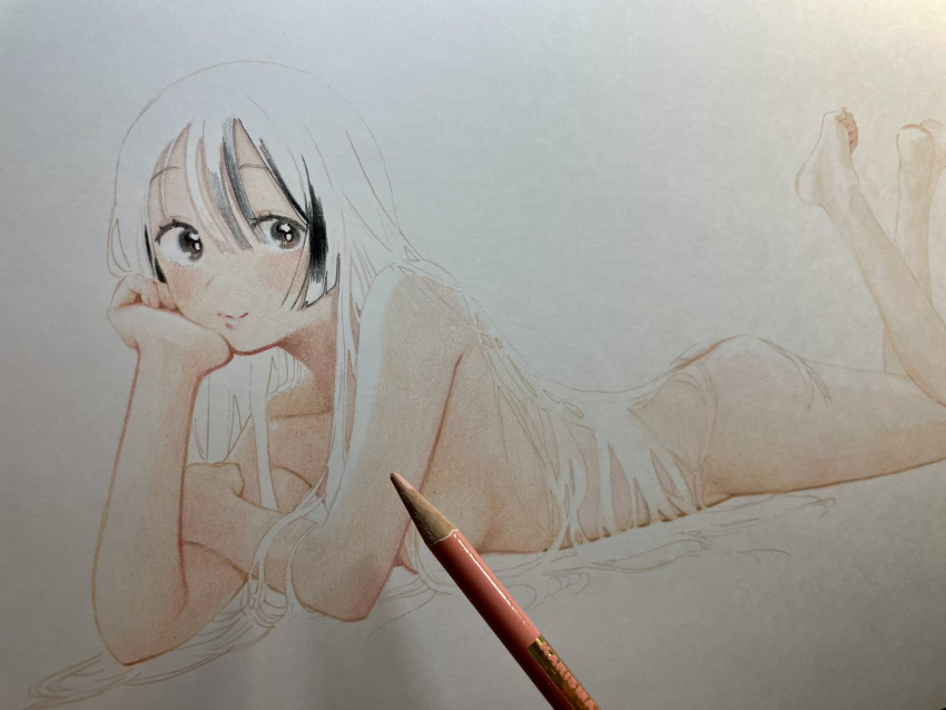 1girl art_tools_in_frame black_eyes blush breasts colored_pencil_(medium) completely_nude fuyuno_kamome head_rest highres hime_cut long_hair looking_at_viewer lying nude on_stomach original photo_(medium) small_breasts smile solo traditional_media very_long_hair