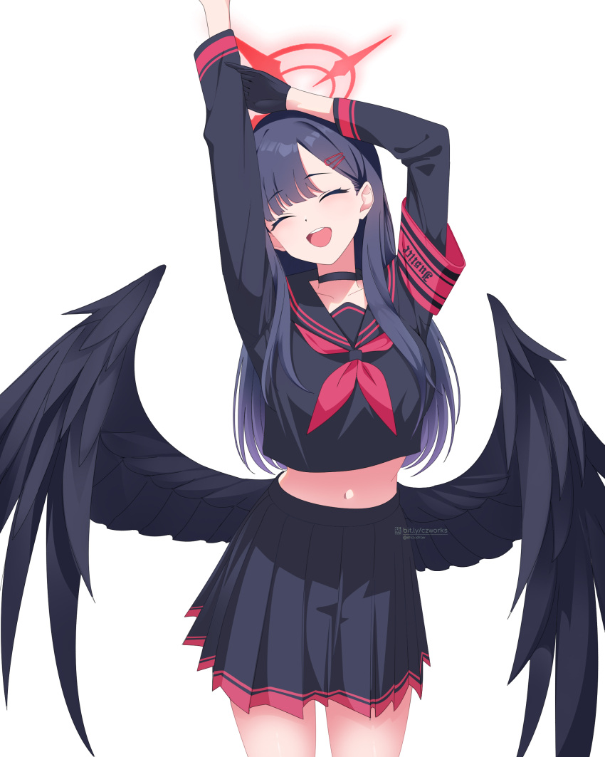 1girl :d ^_^ absurdres armband arms_up black_choker black_gloves black_sailor_collar black_serafuku black_skirt black_wings blue_archive blunt_bangs choker closed_eyes collarbone commentary english_commentary english_text feathered_wings gloves hair_ornament hairclip halo highres ichika_(blue_archive) long_hair long_sleeves looking_at_viewer low_wings navel neckerchief parted_bangs pleated_skirt red_armband red_halo red_neckerchief sailor_collar school_uniform serafuku shizudraw sidelocks simple_background skirt smile solo stomach stretching white_background wings