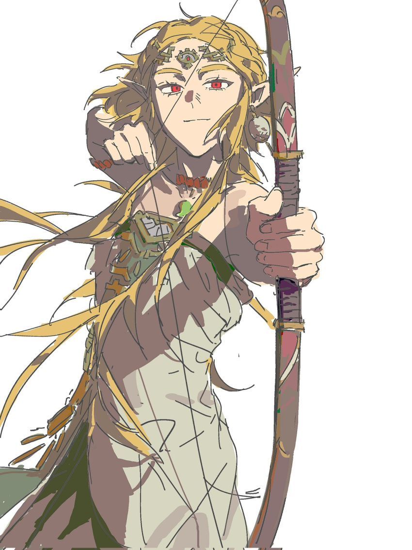 1girl bare_shoulders blonde_hair bow_(weapon) commentary drawing_bow dress earrings highres holding holding_bow_(weapon) holding_weapon iuew jewelry looking_at_viewer pointing pointing_at_viewer pointy_ears princess_zelda red_eyes simple_background sleeveless sleeveless_dress solo the_legend_of_zelda the_legend_of_zelda:_tears_of_the_kingdom weapon white_background white_dress