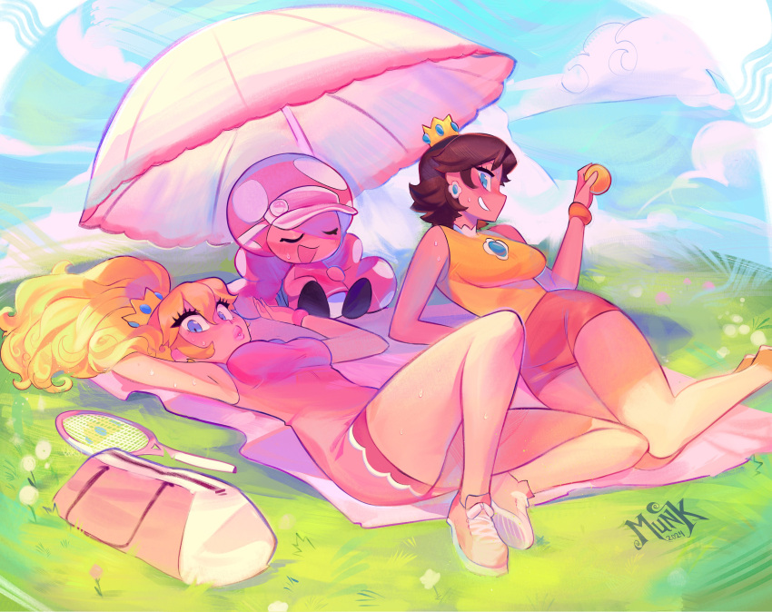 3girls absurdres ball bare_legs blonde_hair blue_eyes brown_hair grass highres looking_at_viewer lying mario_(series) mario_tennis mulemount multiple_girls official_alternate_costume on_back on_side pink_hair princess_daisy princess_peach racket shoes short_hair short_shorts shorts sitting smile sneakers tennis_ball tennis_racket toadette umbrella visor_cap