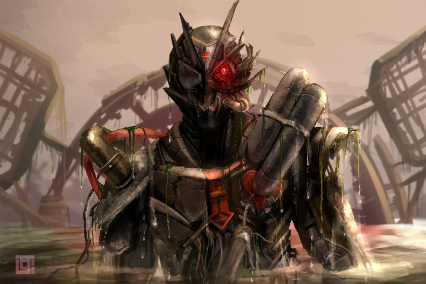 1boy android armor asymmetrical_armor belt black_armor commentary_request crack helmet kamen_rider kamen_rider_01_(series) kamen_rider_ark-zero kozsen_810290 male_focus mask ocean one-eyed partially_submerged red_eyes rider_belt satellite solo tokusatsu translation_request