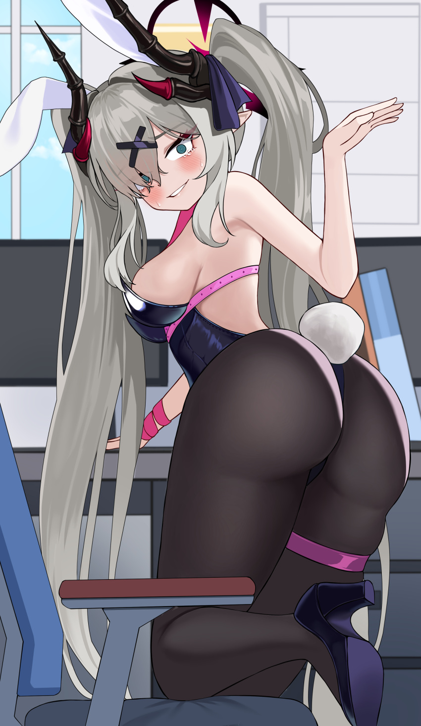 1girl 82jhin @_@ absurdres animal_ears ass black_footwear black_horns black_leotard blue_archive blue_eyes blush breasts chair demon_horns fake_animal_ears fake_tail grey_hair halo high_heels highres horns indoors large_breasts leotard long_hair looking_at_viewer makoto_(blue_archive) monitor multiple_horns open_mouth pointy_ears rabbit_ears rabbit_tail red_halo solo strapless strapless_leotard tail thigh_strap