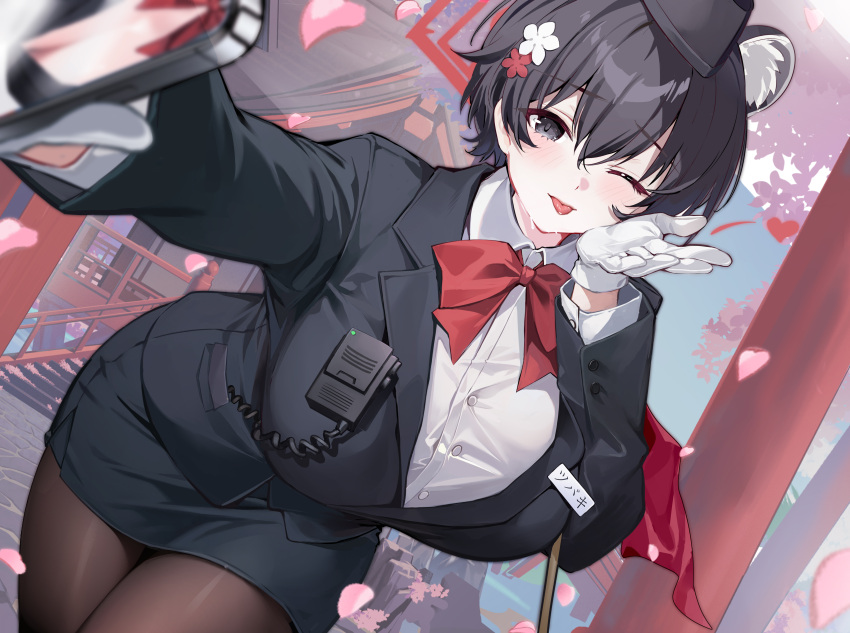 1girl ;p absurdres animal_ears black_eyes black_hair black_hat black_pantyhose blue_archive blush bow bowtie breasts cherry_blossoms extra_ears gloves halo highres huge_breasts kikimi leaning_forward looking_at_viewer official_alternate_costume one_eye_closed pantyhose petals raccoon_ears raccoon_girl reaching red_bow red_bowtie red_halo short_hair solo tongue tongue_out torii tour_guide tsubaki_(blue_archive) tsubaki_(guide)_(blue_archive) walkie-talkie white_gloves
