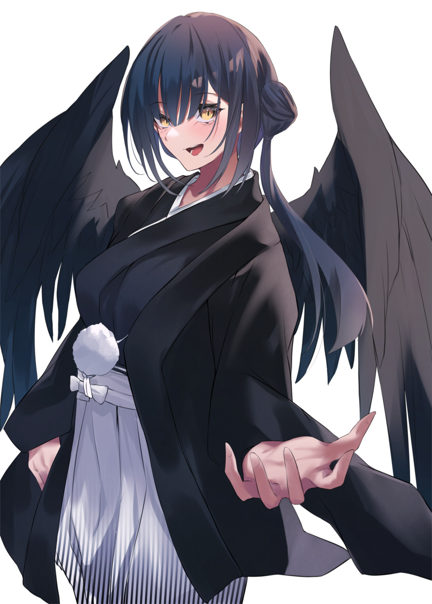 1girl absurdres bird_wings black_hair black_kimono black_wings hair_between_eyes highres japanese_clothes kimono long_hair long_sleeves looking_at_viewer nijisanji offering_hand open_mouth pants smile solo virtual_youtuber white_background white_pants wings yamagami_karuta yellow_eyes yuki_maccha_(yukimattya10)