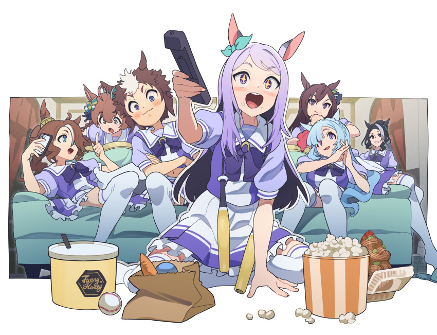 +_+ 6+girls absurdres animal_ears bag baseball_bat black_hair blue_eyes blue_hair bow bowtie brown_hair character_name commentary_request controller ear_ribbon food highres horse_ears horse_girl ice_cream long_hair mejiro_ardan_(umamusume) mejiro_bright_(umamusume) mejiro_dober_(umamusume) mejiro_family_(umamusume) mejiro_mcqueen_(umamusume) mejiro_palmer_(umamusume) mejiro_ramonu_(umamusume) mejiro_ryan_(umamusume) multicolored_hair multiple_girls nishiki_kazue open_mouth paper_bag pleated_skirt popcorn purple_bow purple_bowtie purple_eyes purple_hair purple_shirt remote_control round_teeth sailor_collar sailor_shirt school_uniform serafuku shirt short_hair skirt smile streaked_hair summer_uniform teeth thighhighs tracen_school_uniform two-tone_hair umamusume upper_teeth_only white_sailor_collar white_skirt white_thighhighs