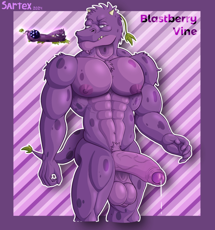 2024 abs absurd_res anthro balls big_penis bodily_fluids electronic_arts elemental_creature elemental_humanoid flora_fauna fur genital_fluids genitals glans hi_res horn humanoid looking_at_viewer male muscular muscular_anthro muscular_male navel nipples pecs penis plant plant_humanoid plants_vs._zombies popcap_games precum purple_body purple_fur reference_image saggy_balls sartex signature simple_background solo tail text upper_teeth
