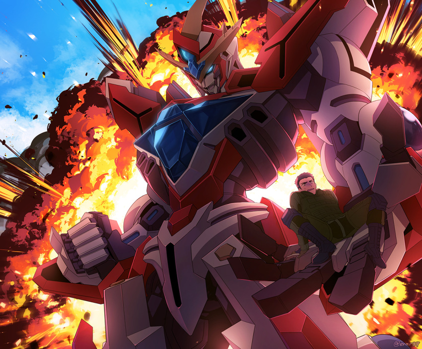 1boy ao_isami black_hair blue_sky boots bravern clenched_hand enomaru_saku explosion mecha mecha_focus military_uniform robot sky super_robot turn_pale uniform yuuki_bakuhatsu_bang_bravern