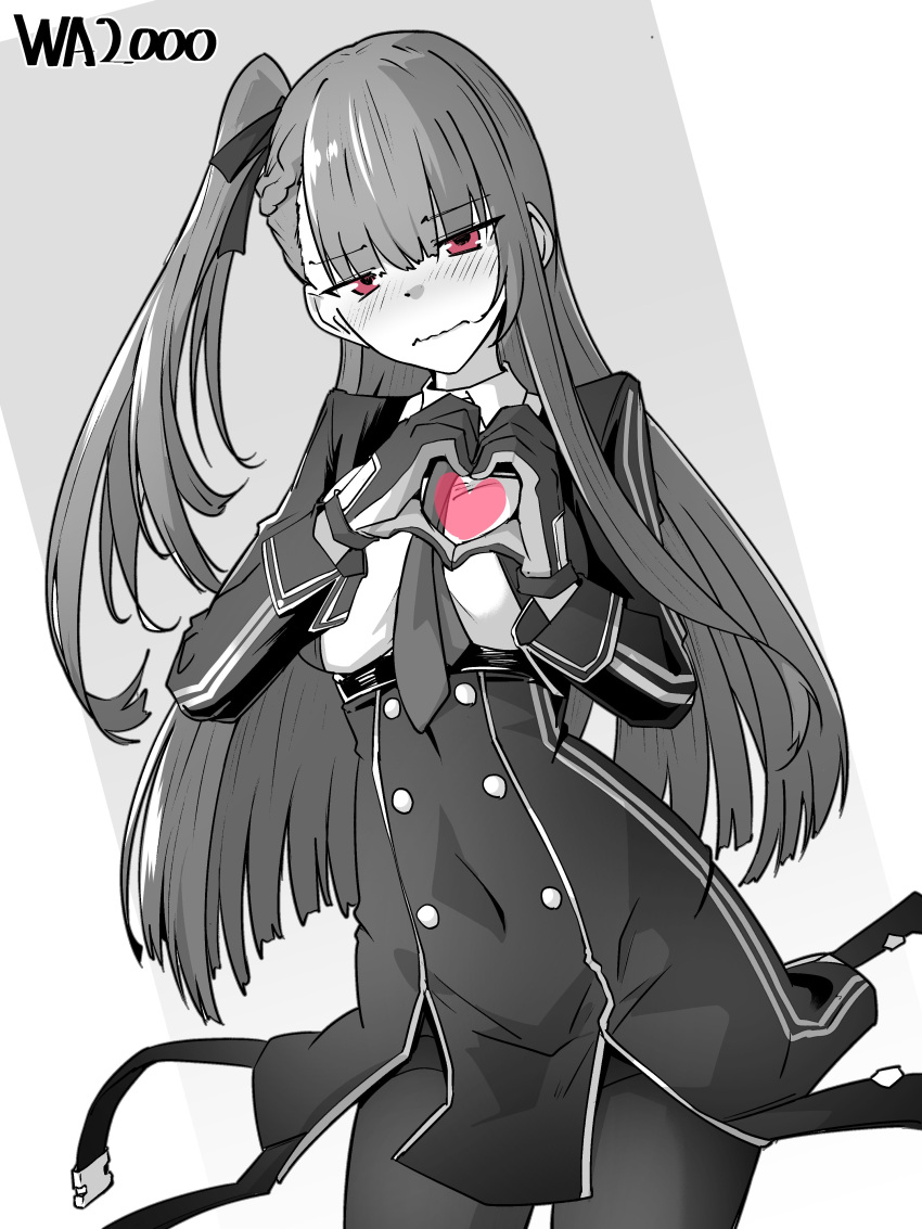 1girl absurdres blush braid character_name cowboy_shot embarrassed french_braid girls'_frontline greyscale hair_ribbon heart heart_hands highres long_hair looking_at_viewer minami_shin_(zenshuu_bougyo) monochrome necktie one_side_up pantyhose red_eyes ribbon simple_background solo spot_color wa2000_(girls'_frontline) wavy_mouth