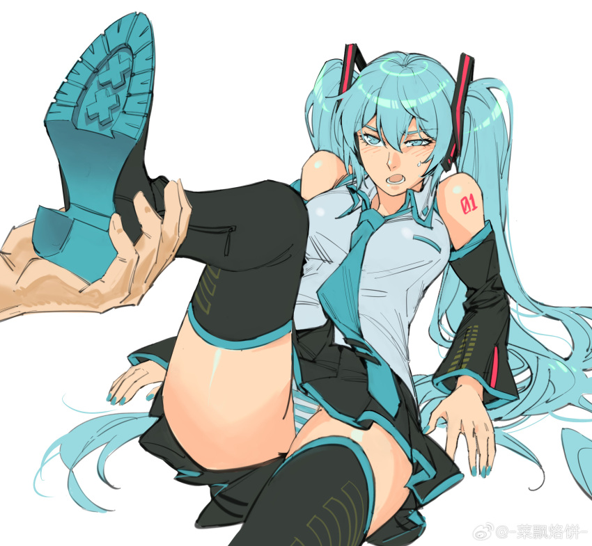 1girl 1other :o absurdres aqua_eyes aqua_hair aqua_nails aqua_necktie aqua_panties arm_support bare_shoulders black_footwear black_skirt black_sleeves blush boots breasts collared_shirt cowboy_shot detached_sleeves hair_between_eyes hair_ornament hatsune_miku high_heels highres holding_another's_foot leg_up long_hair long_sleeves looking_at_viewer medium_breasts miniskirt necktie on_ground open_mouth panties pantyshot pov pov_hands ruukii_drift shirt shoe_soles shoulder_tattoo sitting skirt sleeveless sleeveless_shirt solo_focus striped_clothes striped_panties sweat tattoo thigh_boots twintails underwear v-shaped_eyebrows very_long_hair vocaloid weibo_logo weibo_username white_panties white_shirt