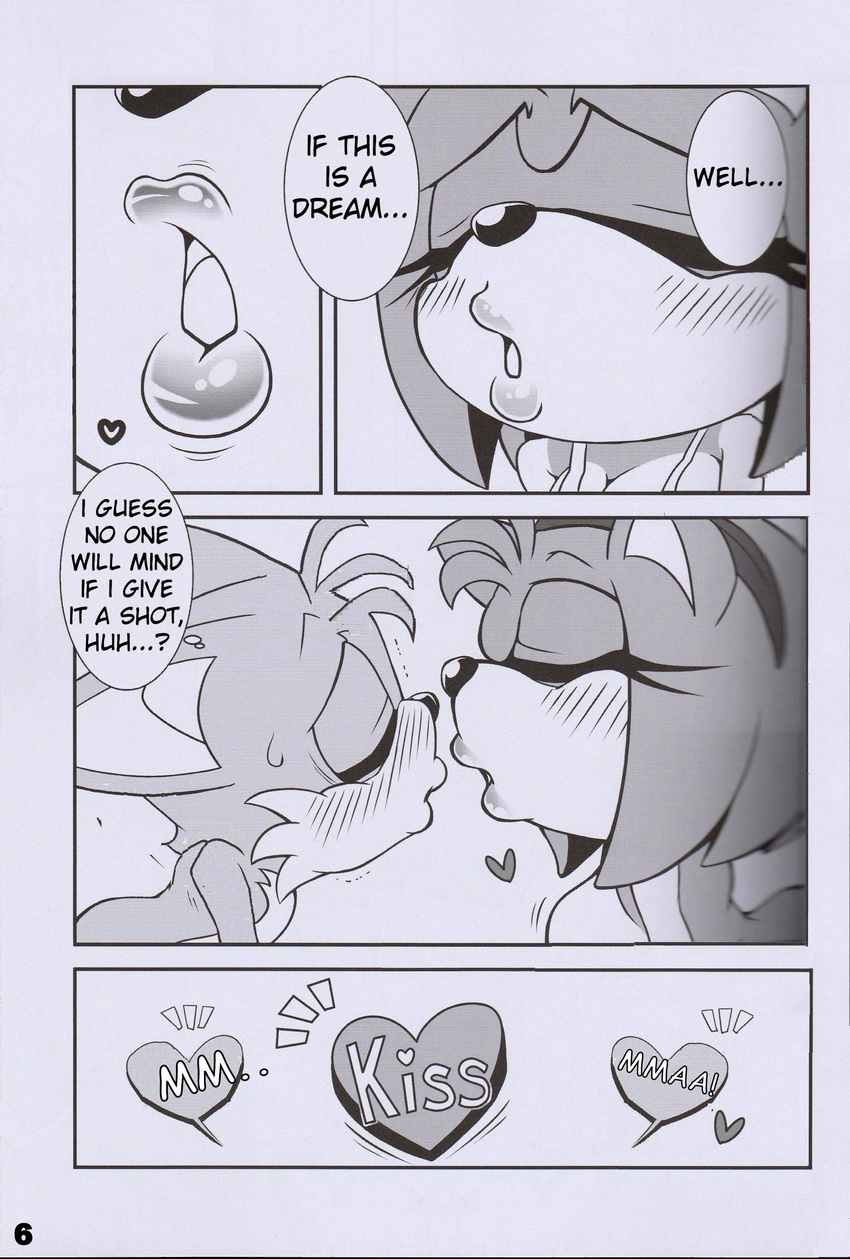 &lt;3 absurd_res amy_rose anthro canine comic english_text female fox greyscale hedgehog hi_res kissing male mammal michiyoshi miles_prower monochrome sonic_(series) text