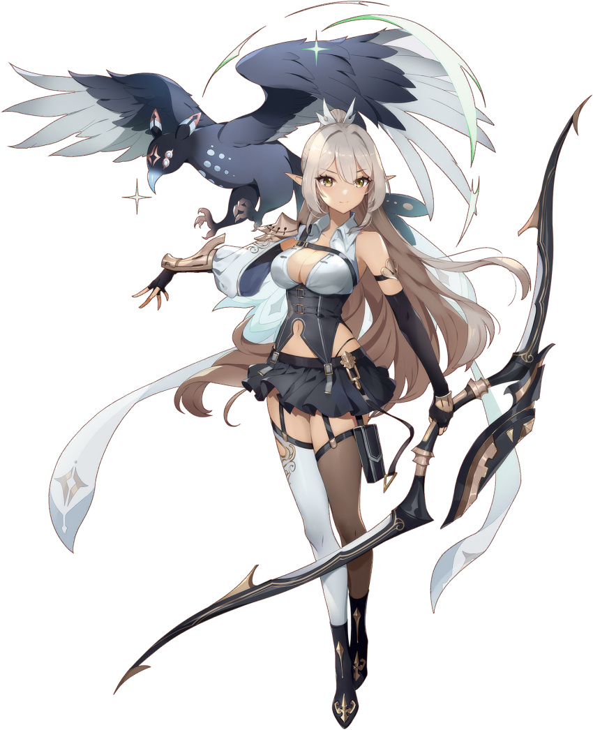 1girl asymmetrical_legwear bare_shoulders belt bird black_footwear black_gloves black_skirt black_thighhighs bow_(weapon) bracer breasts brown_eyes brown_hair cleavage dark-skinned_female dark_skin elbow_gloves elf eversoul full_body game_cg garter_straps gloves hair_between_eyes highres holding holding_bow_(weapon) holding_weapon long_hair long_sleeves looking_to_the_side medium_breasts midriff multiple_belts navel nicole_(eversoul) non-web_source official_art open_clothes pet pointy_ears ponytail redesign shirt single_bracer single_sleeve single_vambrace skirt smile solo standing tachi-e thighhighs transparent_background vambraces weapon white_shirt white_thighhighs zettai_ryouiki
