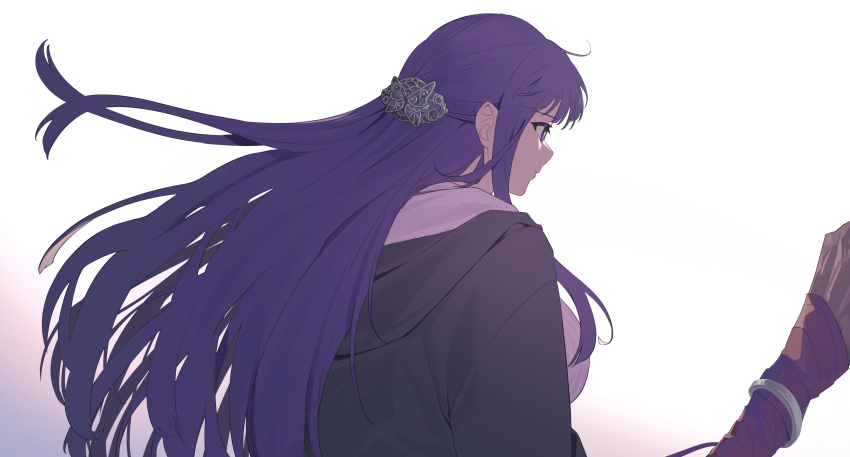 1girl absurdres ao_tsukushi black_robe blunt_bangs blunt_ends breasts commentary fern_(sousou_no_frieren) floating_hair from_side gradient_background hair_ornament highres holding holding_wand long_hair looking_ahead purple_eyes purple_hair robe sidelocks solo sousou_no_frieren upper_body wand white_background