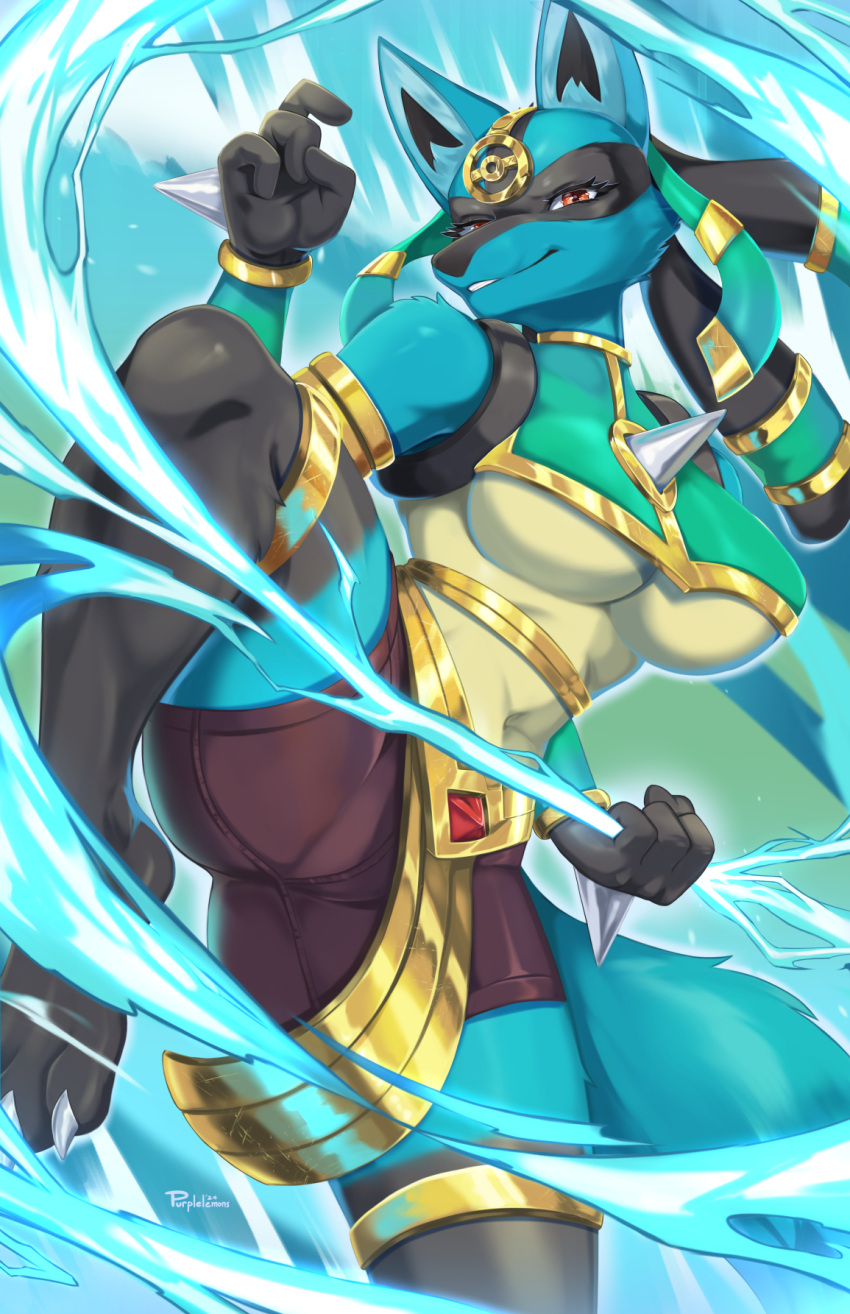 2024 4_fingers anthro artist_name breasts chest_spike claws clothed clothing eyelashes feet female fingers generation_4_pokemon hi_res holowear_(pokemon) lucario nintendo pokemon pokemon_(species) pokemon_unite purplelemons red_eyes ruins_style_lucario solo spikes spikes_(anatomy) tail toe_claws toes under_boob