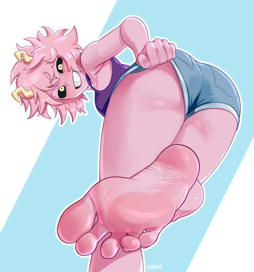 1girl absurdres artist_name ashido_mina ass barefoot bent_over black_sclera blue_background blue_shorts boku_no_hero_academia breasts colored_sclera colored_skin feet foot_focus foreshortening from_behind highres horns looking_at_viewer looking_back medium_breasts outline pink_hair pink_skin purple_tank_top short_shorts shorts soles solo staerk standing standing_on_one_leg tank_top teeth thighs toenails toes twitter_username two-tone_background white_background white_outline yellow_eyes