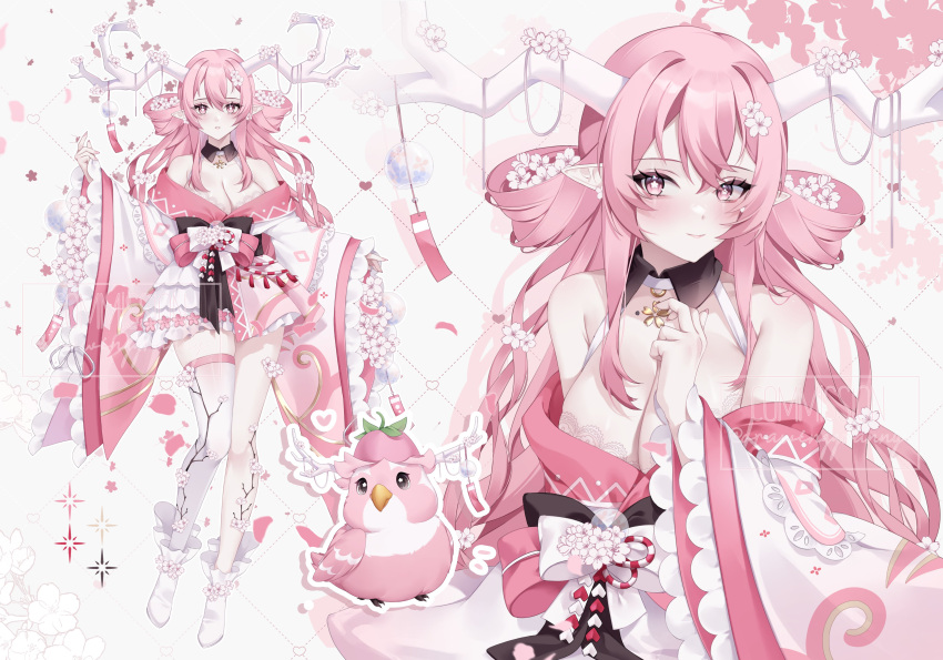 1girl absurdres antler_ornament antlers bare_shoulders bird black_bow black_collar blossum_(vtuber) bow breasts bright_pupils closed_mouth collar commission drawinggranny dress flower full_body heart highres horns indie_virtual_youtuber long_hair pink_dress pink_eyes pink_hair pointy_ears reference_sheet single_thighhigh star-shaped_pupils star_(symbol) symbol-shaped_pupils thighhighs two-tone_dress white_bow white_dress white_flower white_footwear white_pupils white_sleeves white_thighhighs wide_sleeves