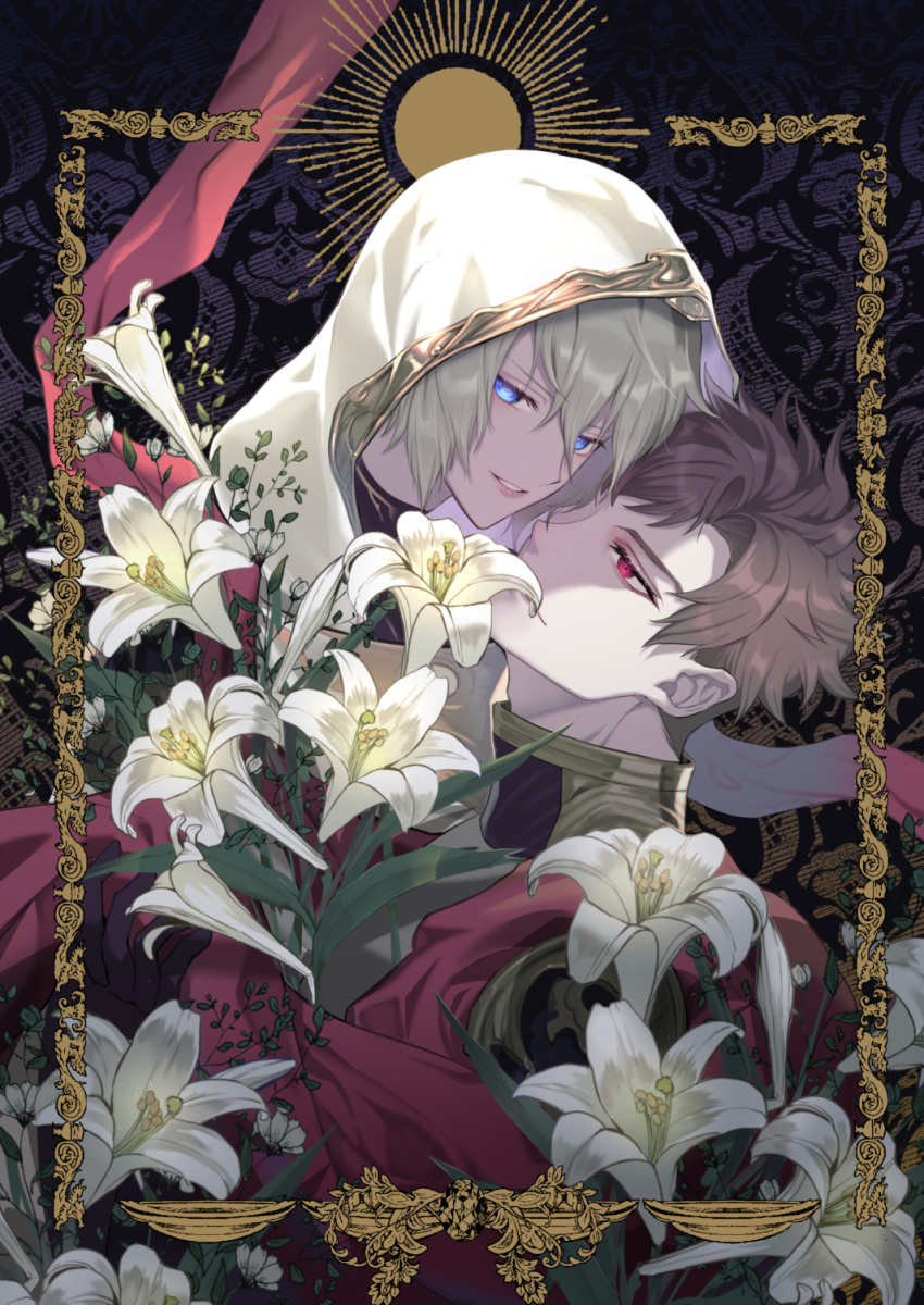 2boys art_nouveau belial_(granblue_fantasy) blue_eyes branch brown_hair commentary_request flower granblue_fantasy guyabuyunikki hair_between_eyes highres hood hood_up lily_(flower) looking_at_another looking_at_viewer lucilius_(granblue_fantasy) male_focus messy_hair military_uniform multiple_boys parted_bangs parted_lips picture_frame red_eyes red_ribbon ribbon short_hair smile turtleneck uniform upper_body white_flower white_hair yaoi