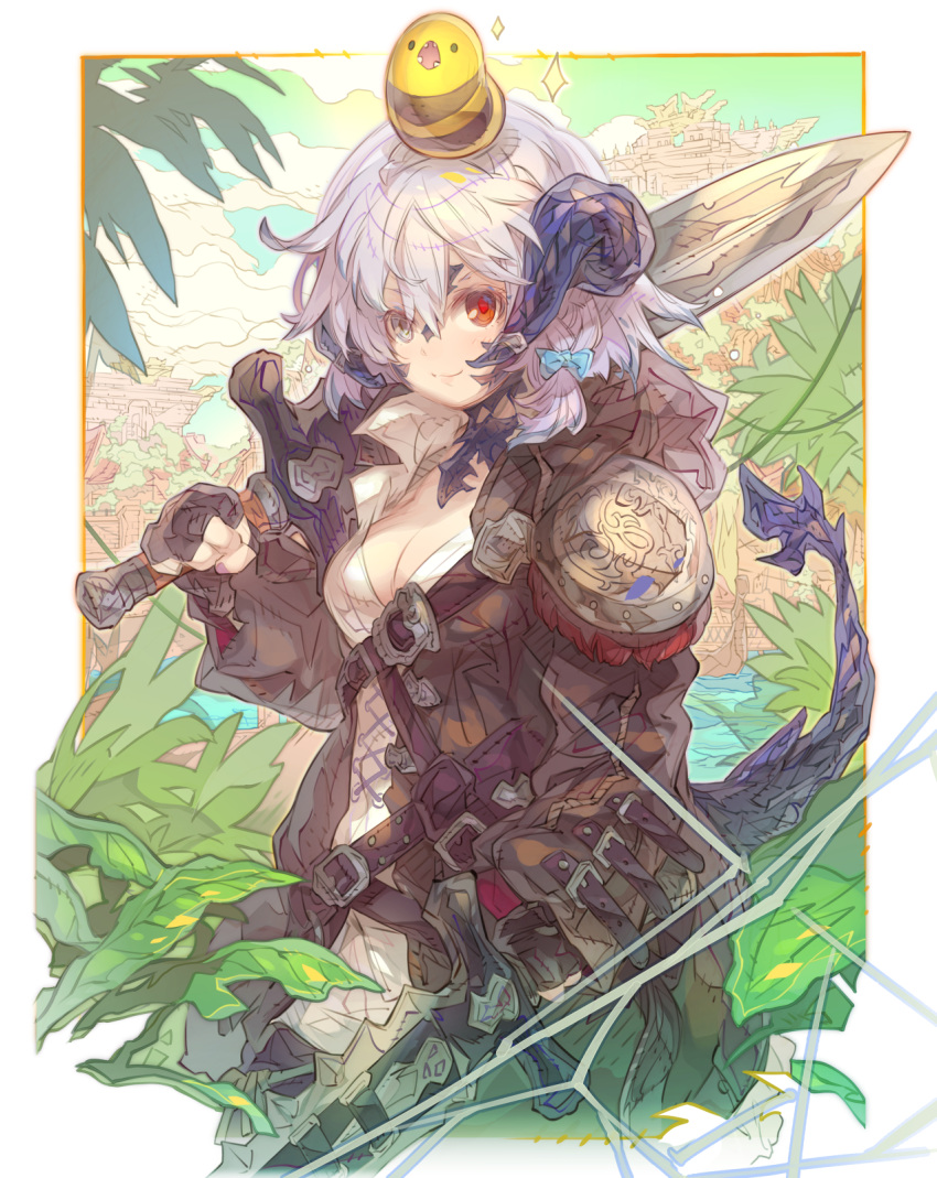 1girl au_ra black_gloves black_jacket breasts cleavage closed_mouth cloud collared_shirt commentary_request commission dragon_girl dragon_horns dragon_tail dual_wielding final_fantasy final_fantasy_xiv fingerless_gloves gloves grey_eyes grey_hair hair_between_eyes haku_(sabosoda) hand_up heterochromia highres holding holding_sword holding_weapon horns jacket medium_breasts open_clothes open_jacket open_mouth over_shoulder red_eyes scales sharp_teeth shirt skeb_commission smile solo sparkle sword sword_over_shoulder tail teeth weapon weapon_over_shoulder white_shirt