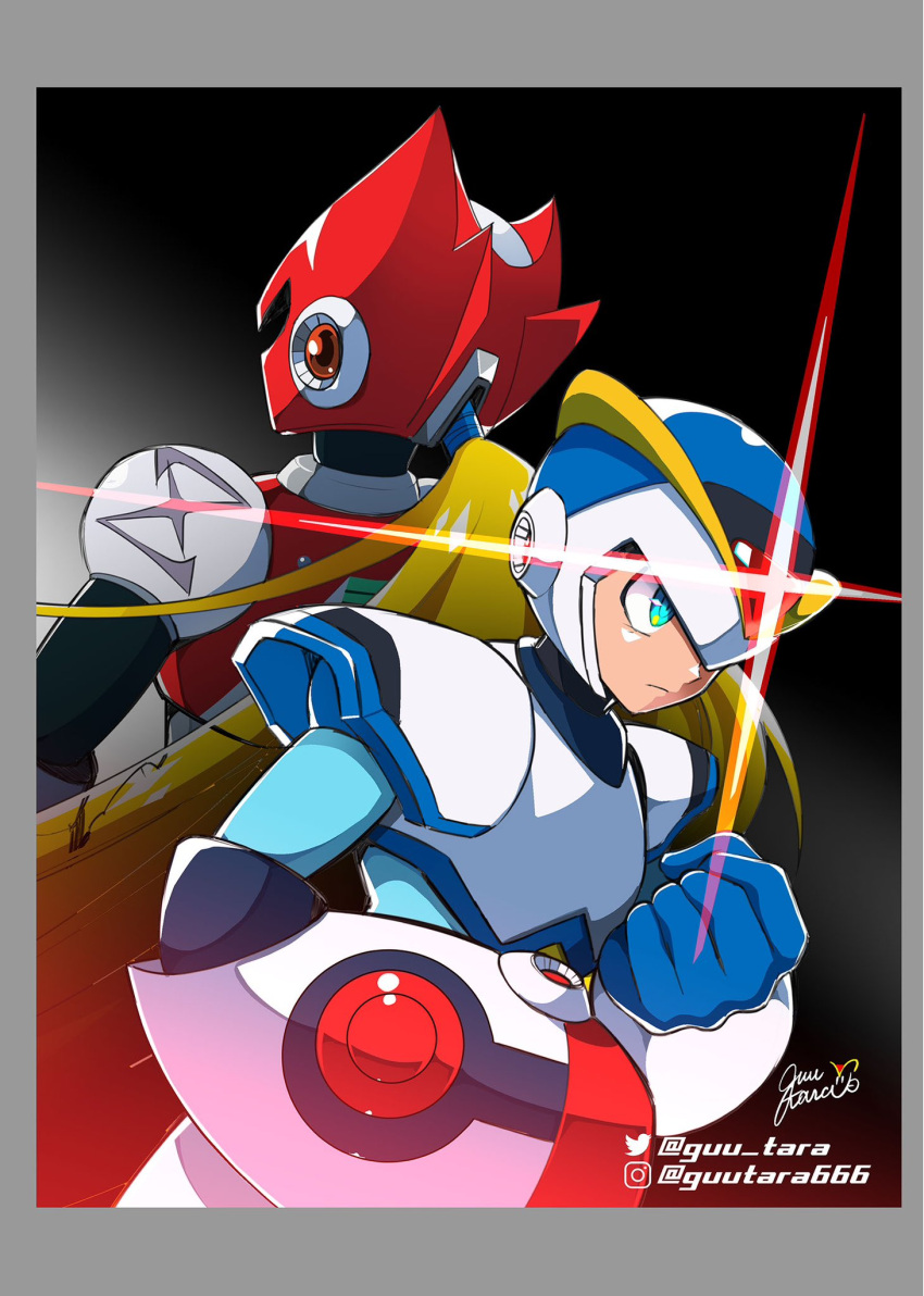 2boys android arm_cannon armor back-to-back black_background blonde_hair blue_helmet clenched_hand first_armor_x_(mega_man) forehead_jewel glint gradient_background green_eyes guutara highres instagram_username long_hair male_focus mega_man_(series) mega_man_x_(series) multiple_boys red_armor red_helmet shoulder_armor twitter_username upper_body weapon white_armor white_background x_(mega_man) zero_(mega_man)