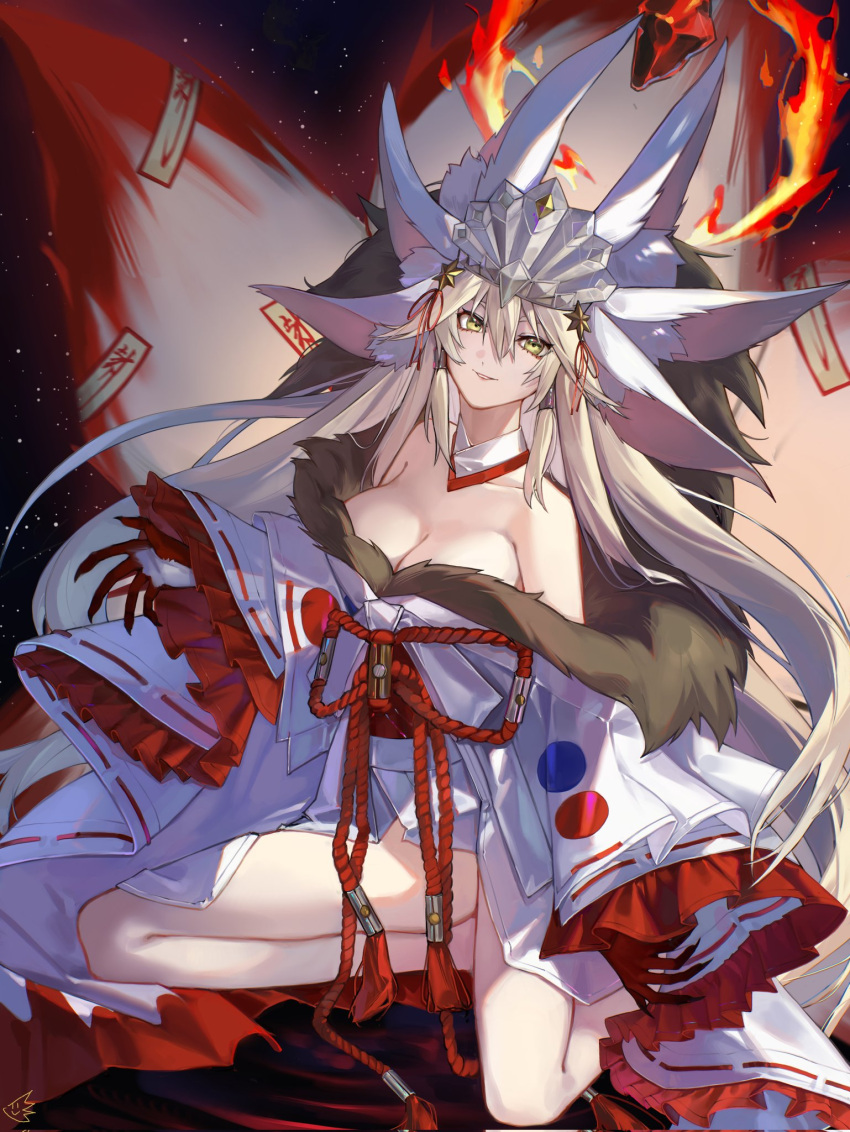 1girl animal_ears blonde_hair breasts cleavage commentary_request extra_ears fate/grand_order fate_(series) fingernails fire fox_ears fox_tail highres japanese_clothes jiajiayu kimono kneeling koyanskaya_(fate) koyanskaya_(lostbelt_beast:iv)_(fate) large_breasts long_hair multiple_tails ofuda sharp_fingernails tail tamamo_(fate) white_kimono yellow_eyes