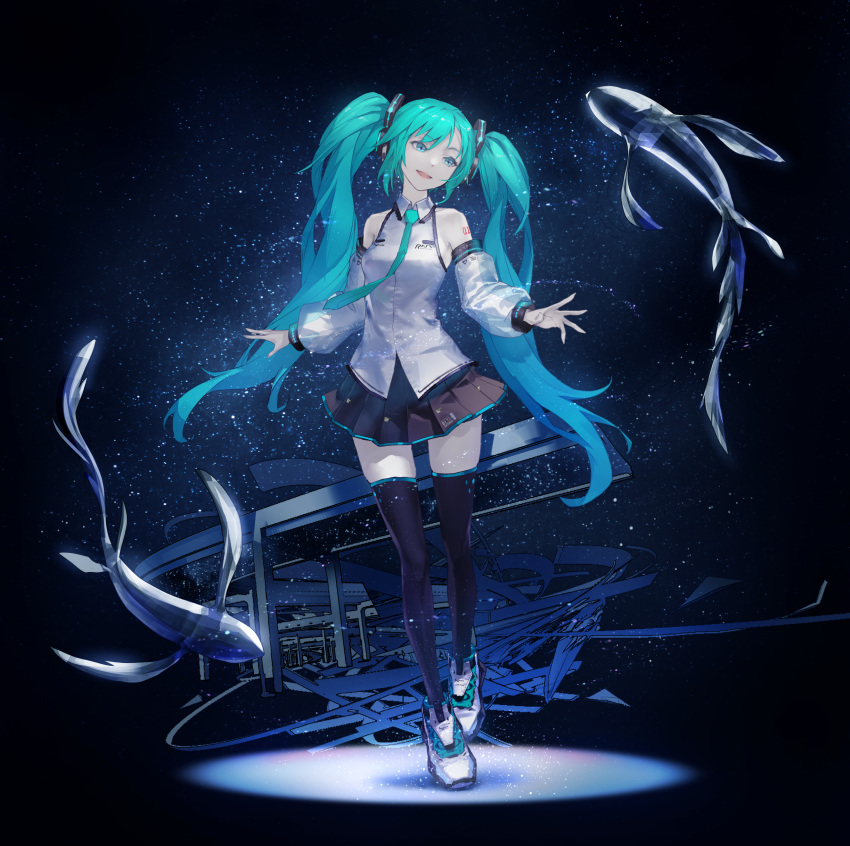 1girl absurdres aqua_eyes aqua_hair bare_shoulders detached_sleeves fish hatsune_miku headphones highres livetune long_hair necktie number_tattoo open_mouth pleated_skirt redjuice skirt smile solo tattoo thighhighs twintails very_long_hair vocaloid
