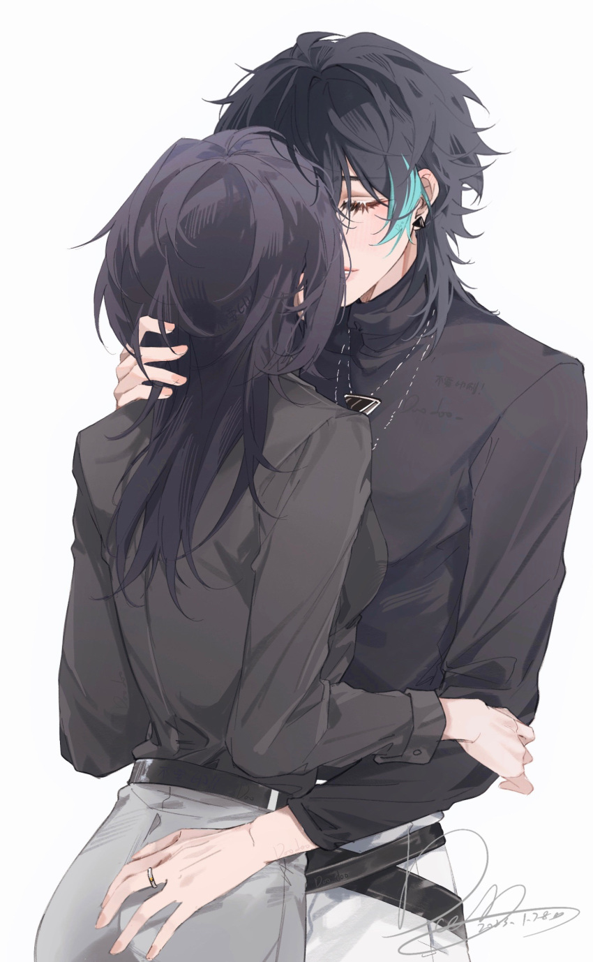 2girls black_hair black_shirt blush chief_(path_to_nowhere) chinese_commentary cinnabar_(path_to_nowhere) closed_eyes collared_shirt commentary dated doo58455 earclip earrings female_chief_(path_to_nowhere) grey_pants hand_on_another's_hip hand_on_another's_shoulder heads_together highres jewelry kiss long_hair multicolored_hair multiple_girls official_alternate_costume pants path_to_nowhere shirt short_hair signature streaked_hair triangle_earrings triangle_necklace turtleneck upper_body watermark white_background white_pants yuri