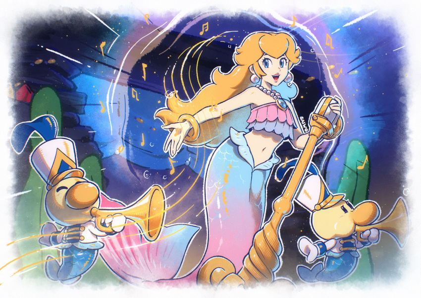 1girl 2others artist_name band_uniform bikini bikini_top_only blonde_hair blue_bikini blue_eyes blue_hat brooch closed_eyes earrings gloves gold_bracelet gold_buttons gold_trim hat highres instrument jacket jewelry layered_bikini long_hair mario_(series) mermaid mermaid_peach monster_girl multiple_others musical_note navel necklace official_alternate_costume open_mouth pearl_earrings pearl_necklace pink_bikini pink_lips plume princess_peach princess_peach:_showtime! saiwo_(saiwoproject) shako_cap sphere_earrings strapless strapless_bikini swimsuit theet_(peach) trumpet two-tone_hat white_gloves white_hat white_jacket