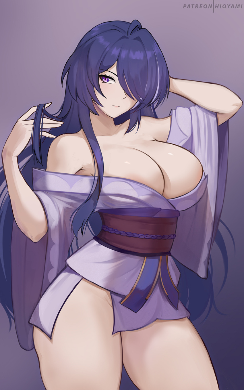 1girl acheron_(honkai:_star_rail) breasts commentary cosplay cowboy_shot genshin_impact highres hioyami honkai:_star_rail honkai_(series) japanese_clothes kimono large_breasts looking_at_viewer mihoyo purple_eyes purple_hair purple_kimono raiden_shogun raiden_shogun_(cosplay) solo standing thighs