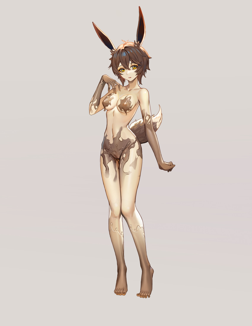 1girl absurdres animal_ears breasts brown_hair commission corruption full_body grey_background hand_on_own_chest highres liquid looking_at_viewer medium_breasts original pussy rabbit_ears rabbit_girl rabbit_tail shen_hai_ichigo short_hair solo standing tail variant_set yellow_eyes