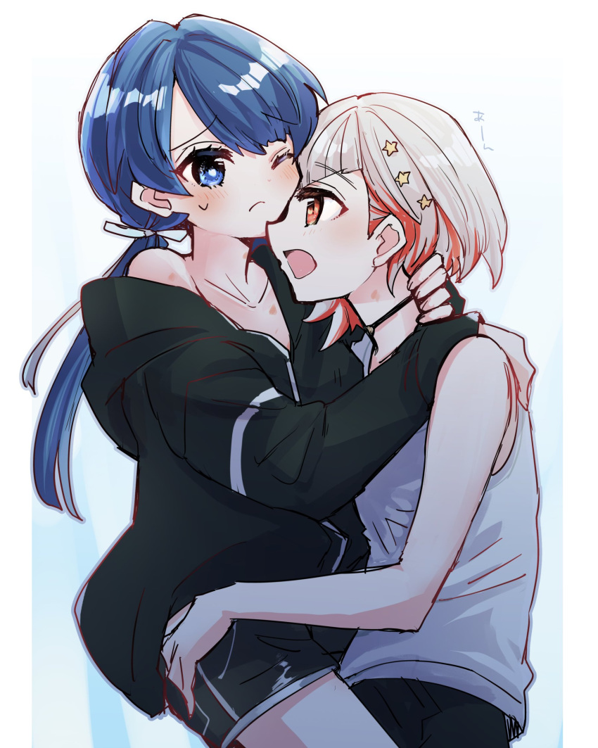 2girls ;( black_choker black_jacket black_pants black_shorts blue_eyes blue_hair blue_ribbon blush border choker closed_mouth collarbone commentary_request dark_blue_hair diagonal_bangs flat_chest frown gradient_background grey_hair hair_ornament hair_ribbon hand_on_another's_hip hand_on_another's_neck hand_on_another's_shoulder hickey highres jacket kanduki_kamibukuro light_blue_background link!_like!_love_live! long_hair long_sleeves looking_at_another love_live! low_twintails multicolored_hair multiple_girls murano_sayaka off_shoulder open_mouth pants partially_unzipped red_eyes red_hair ribbon short_hair shorts small_sweatdrop star_(symbol) star_hair_ornament straddling streaked_hair swept_bangs tank_top twintails two-tone_hair upright_straddle white_background white_border white_tank_top yugiri_tsuzuri yuri