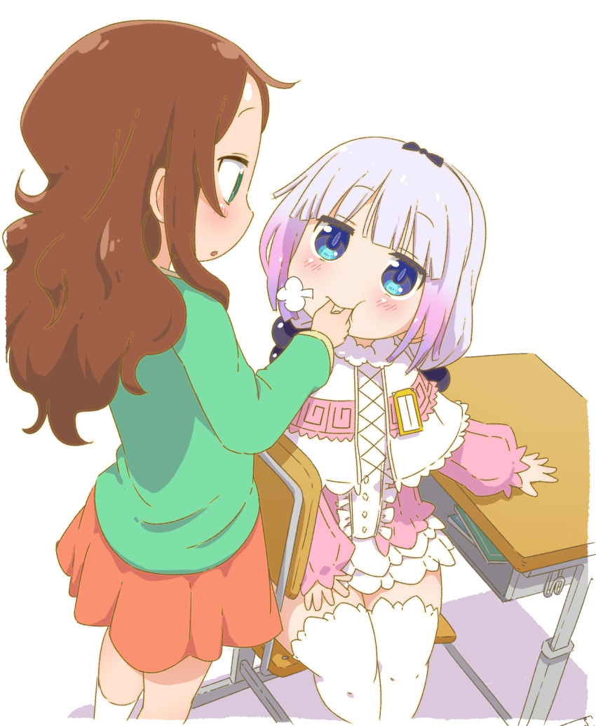 2girls beads biting biting_another's_hand bow brown_hair child desk dress finger_in_another's_mouth green_shirt hair_beads hair_bow hair_ornament hand_on_own_thigh highres kanna_kamui kobayashi-san_chi_no_maidragon long_hair long_sleeves looking_at_another multiple_girls pink_dress puffy_sleeves purple_hair red_skirt saikawa_riko samansa_ex school_desk shirt short_hair skirt socks thighhighs white_background white_hair white_socks white_thighhighs