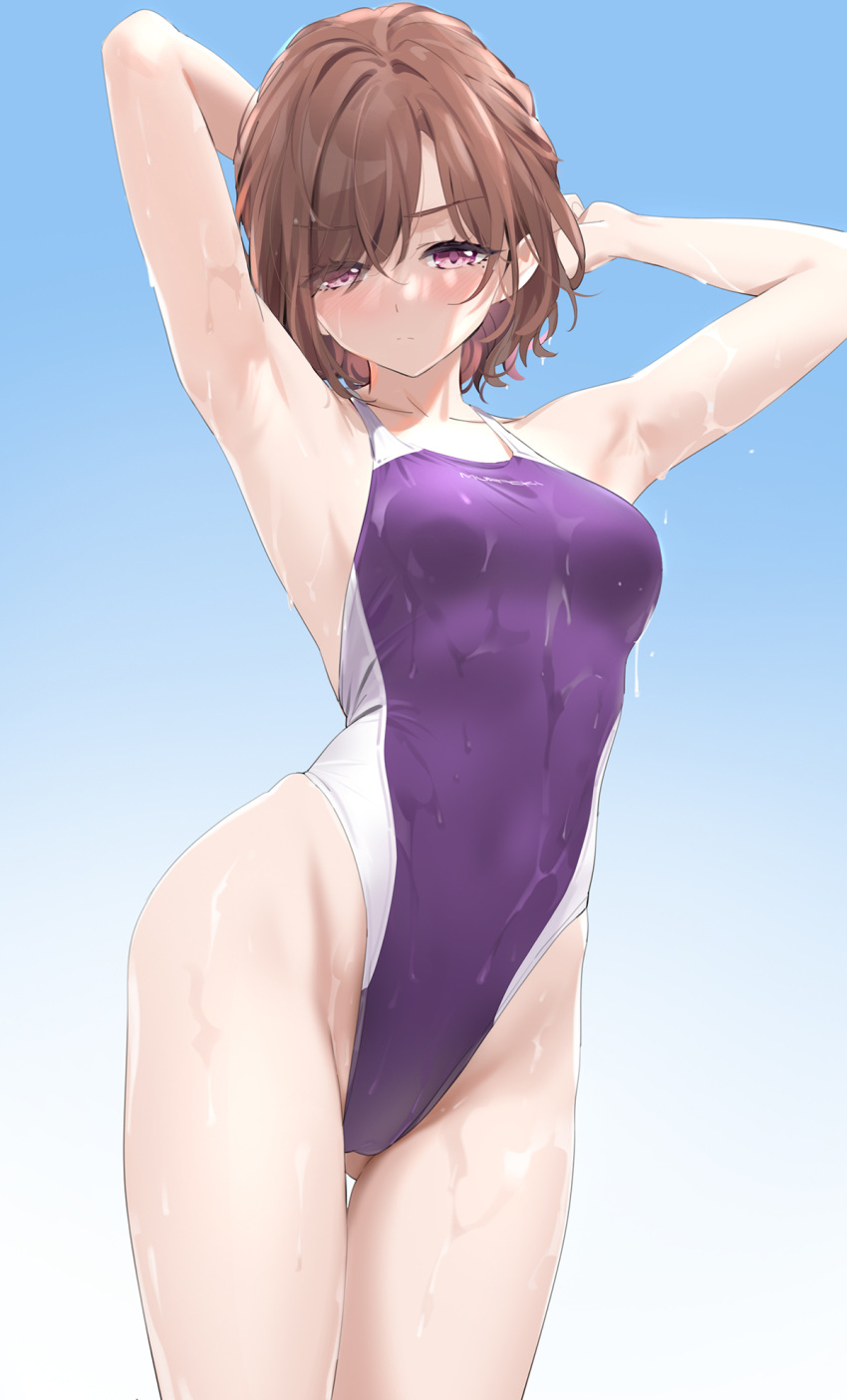 1girl arm_up armpits arms_behind_head arms_up blue_sky breasts closed_mouth collarbone commentary_request competition_swimsuit cowboy_shot day highleg highleg_swimsuit highres higuchi_madoka idolmaster idolmaster_shiny_colors looking_at_viewer medium_breasts mole mole_under_eye one-piece_swimsuit parted_bangs purple_eyes purple_one-piece_swimsuit red_hair short_hair sky solo swimsuit thighs wet wet_clothes wet_swimsuit yd_(orange_maru)