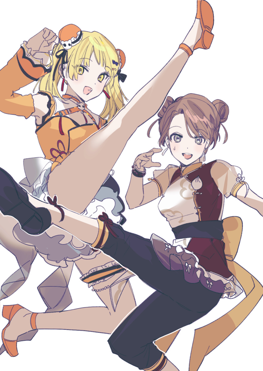 back_bow bang_dream! bare_legs black_footwear black_pants blonde_hair bow brown_hair bun_cover china_dress chinese_clothes commentary_request detached_sleeves double_bun dress earrings fresa_pie grey_eyes hair_bun highres jewelry kicking leg_up long_hair looking_at_viewer midair okusawa_misaki open_mouth orange_dress orange_footwear orange_sleeves pants red_dress see-through see-through_sleeves simple_background smile sweatdrop tsurumaki_kokoro twintails two-tone_dress white_background white_dress yellow_eyes