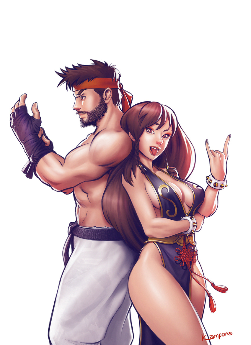 1girl \m/ alternate_costume alternate_hairstyle back-to-back beard black_hair bracelet breasts brown_hair chun-li cleavage downscaled facial_hair headband highres jewelry kampona large_breasts looking_at_viewer md5_mismatch resized ryuu_(street_fighter) spiked_bracelet spikes street_fighter street_fighter_v tongue tongue_out