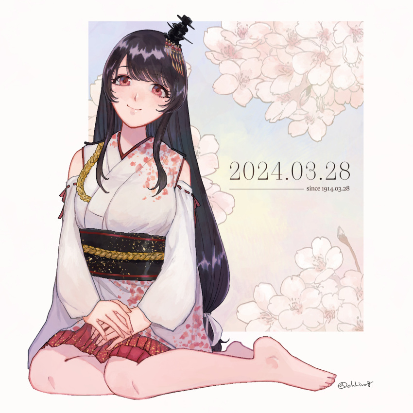 1girl barefoot black_hair breasts dated detached_sleeves floral_print flower fusou_(kancolle) hair_ornament headgear highres japanese_clothes kantai_collection long_hair looking_at_viewer low-tied_long_hair oohira_hachi own_hands_together pink_flower red_eyes ribbon ribbon-trimmed_sleeves ribbon_trim sash sidelocks sitting smile solo twitter_username very_long_hair white_ribbon