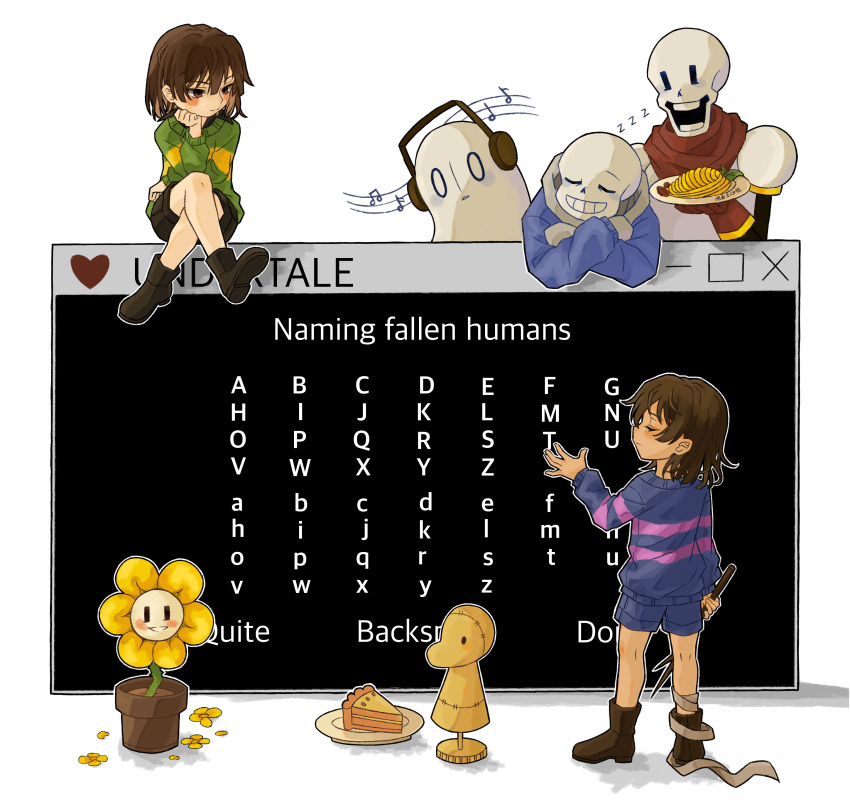 0_0 2boys 2others absurdres androgynous ankle_boots bandaged_leg bandages beanbun_pasta black_shorts blue_jacket blue_shorts blue_sweater boots brown_footwear brown_hair chara_(undertale) child chinese_commentary closed_eyes commentary_request crossed_legs dummy_(undertale) elbow_rest flower flowey_(undertale) food frisk_(undertale) gameplay_mechanics ghost green_sweater grin head_on_hand headphones highres holding holding_plate holding_stick jacket long_sleeves multiple_boys multiple_others musical_note napstablook open_mouth outline papyrus_(undertale) pasta pie pie_slice plate red_eyes red_scarf sans scarf short_hair shorts sitting skeleton sleeping smile spaghetti standing stick sweater undertale white_background white_outline window_(computing) yellow_flower zzz