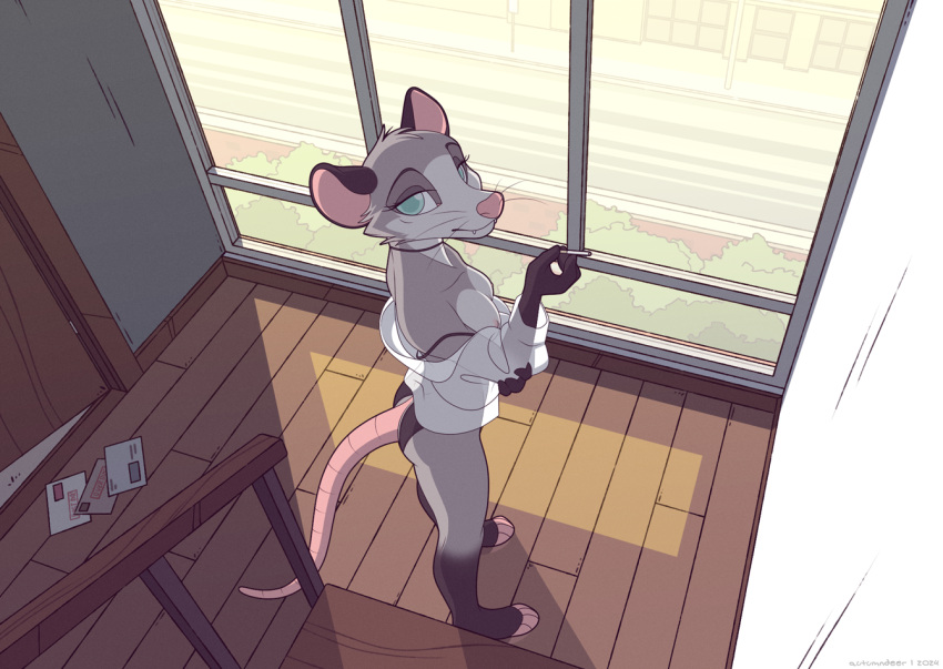american_opossum anthro autumndeer breasts cigarette clothing female fur furgonomics grey_body grey_fur high-angle_view holding_cigarette holding_object inside looking_at_viewer looking_up looking_up_at_viewer mammal marsupial panties pink_nose small_breasts solo stairwell translucent translucent_clothing underwear whiskers