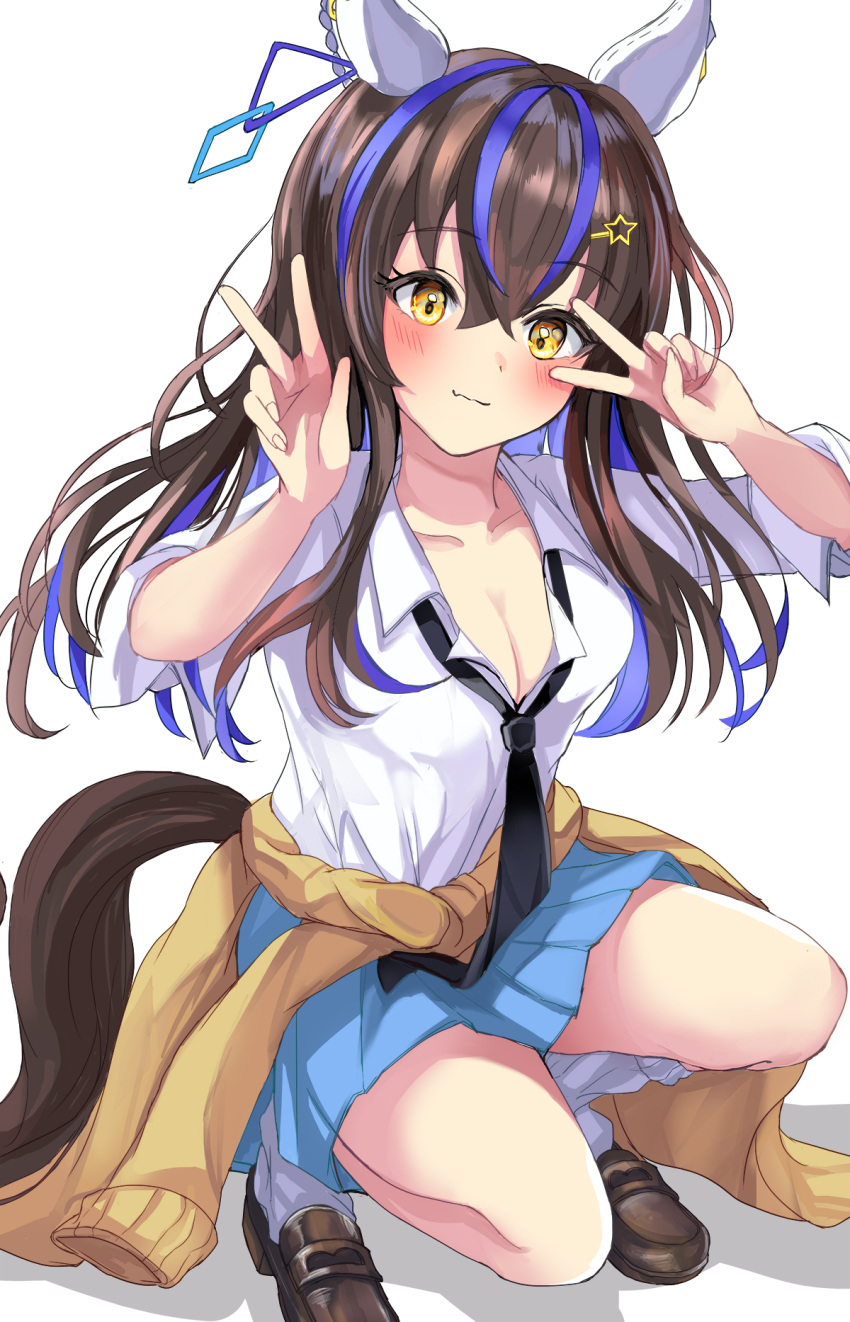 1girl alternate_costume alternate_hairstyle animal_ears black_necktie blue_hair blue_skirt blush breasts brown_footwear brown_hair cleavage closed_mouth clothes_around_waist collared_shirt colored_inner_hair commentary_request daitaku_helios_(umamusume) ear_covers ear_piercing hair_down hair_ornament hairclip hanamura_pink highres horns horse_ears horse_girl horse_tail loafers long_hair loose_necktie loose_socks medium_breasts multicolored_hair necktie piercing pleated_skirt shirt shoes simple_background skirt sleeves_rolled_up smile socks solo squatting streaked_hair sweater sweater_around_waist tail umamusume v w white_background white_shirt white_socks yellow_eyes yellow_sweater