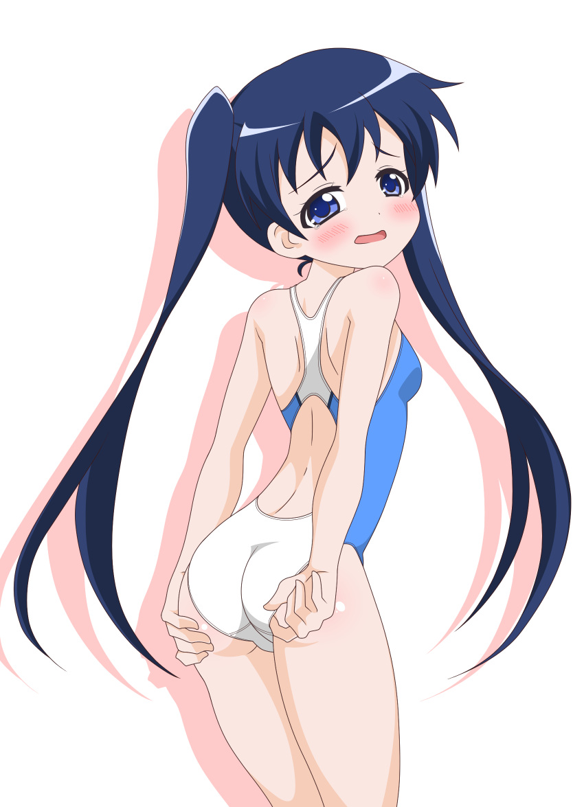 1girl adjusting_clothes adjusting_swimsuit ass blue_eyes blue_hair blue_one-piece_swimsuit competition_swimsuit embarrassed haguraa_(zerozeek) highres kin-iro_mosaic komichi_aya long_hair one-piece_swimsuit shadow simple_background solo swimsuit twintails two-tone_swimsuit white_background white_one-piece_swimsuit