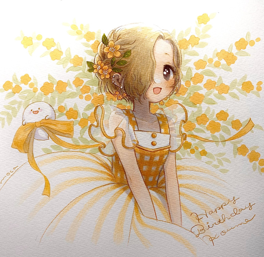 1girl black_eyes blonde_hair blush colored_pencil_(medium) dress ear_piercing flower ghost hair_flower hair_ornament hair_over_one_eye happy_birthday highres idolmaster idolmaster_cinderella_girls looking_at_viewer moca_(mooooca) open_mouth orange_dress piercing shirasaka_koume short_hair smile solo traditional_media two-tone_dress white_dress