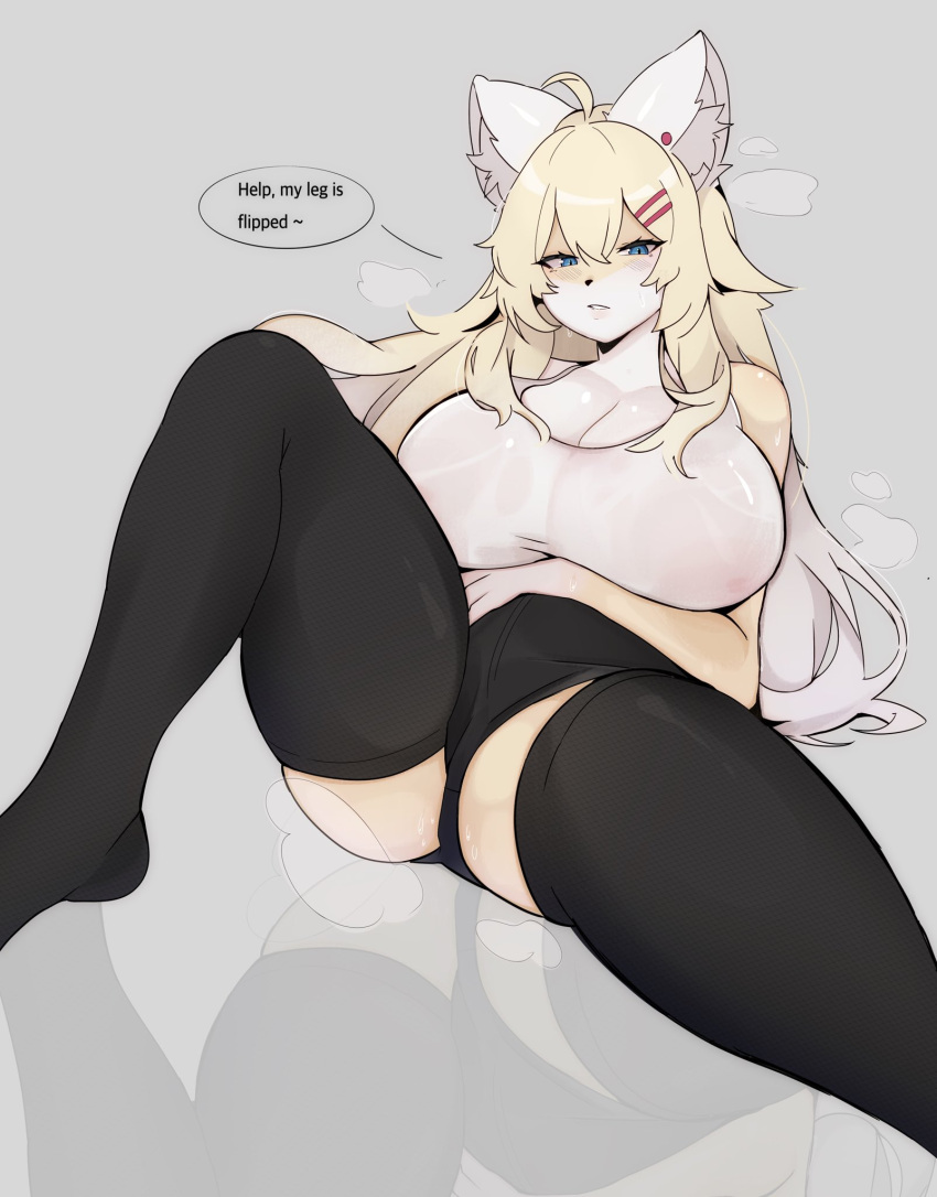 2023 accessory ahoge anthro bent_arm bent_leg big_breasts biped black_bottomwear black_clothing black_legwear black_nose black_pants black_text black_thigh_highs blonde_hair blue_eyes blush blush_lines bodily_fluids bottomwear breasts cleavage clothed clothed_anthro clothed_female clothing dialogue digital_media_(artwork) ear_piercing english_description english_text eyelashes female female_anthro glistening glistening_bodily_fluids glistening_breasts glistening_clothing glistening_ears glistening_eyes glistening_hair glistening_shoulder glistening_sweat glistening_topwear grey_background hair hair_accessory hair_between_eyes hairclip hi_res inner_ear_fluff legwear long_hair looking_at_viewer mammal pants partial_line_speech_bubble piercing puri3301 reflection reflective_floor simple_background sleeveless_shirt solo speech_bubble steam straight_leg sweat sweatdrop sweaty_arms sweaty_face text thigh_highs topwear tuft wet wet_clothing wet_topwear white_clothing white_ears white_inner_ear_fluff white_topwear