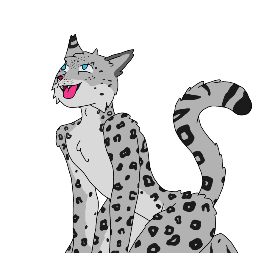 adam's_apple anthro cheek_tuft digital_media_(artwork) facial_tuft felid fluffy fluffy_tail fur hi_res humanoid inner_ear_fluff male mammal markings nude open_mouth pantherine rainbowsmashed smile snow_leopard solo spots tail teeth tongue tongue_out tuft