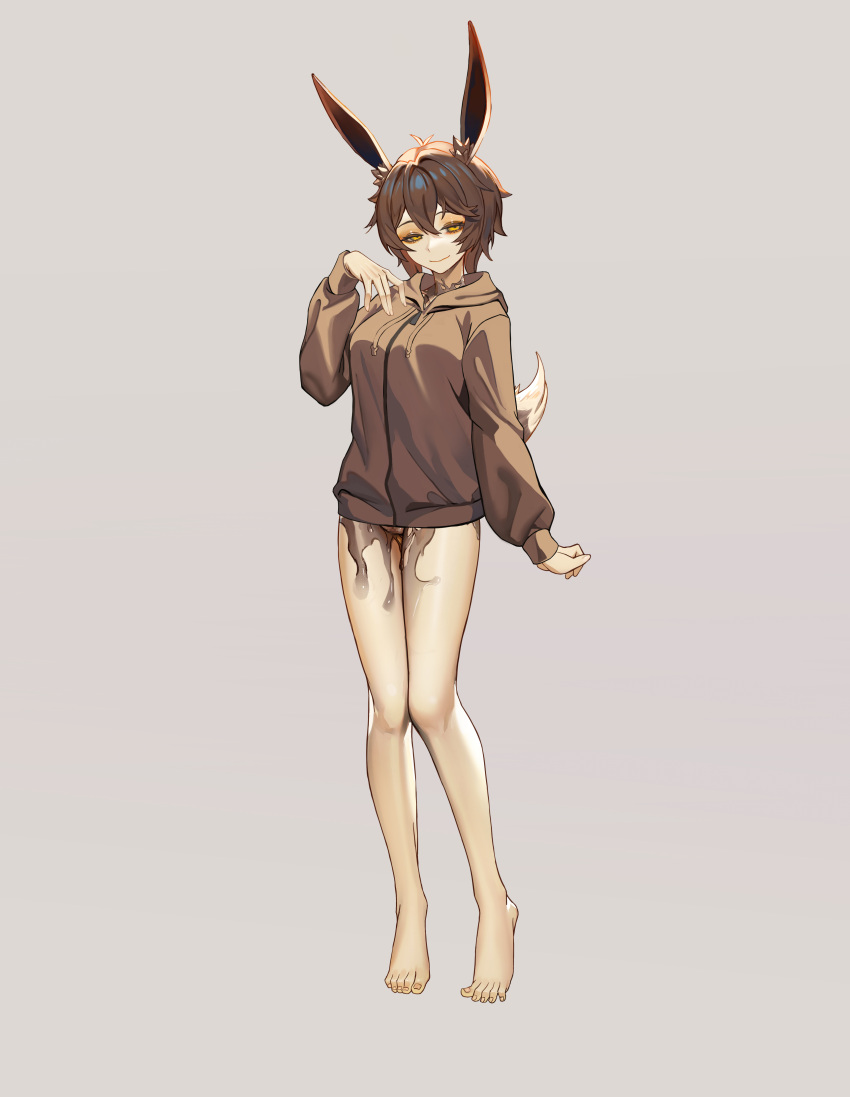 1girl absurdres animal_ears barefoot breasts brown_hair brown_hoodie commission corruption full_body grey_background half-closed_eyes hand_on_own_chest highres hood hoodie liquid looking_at_viewer medium_breasts naughty_face original rabbit_ears rabbit_girl rabbit_tail shen_hai_ichigo short_hair solo standing tail variant_set yellow_eyes