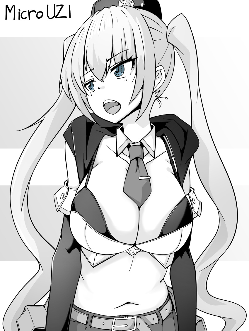 1girl absurdres belt blue_eyes breasts character_name cleavage detached_collar girls'_frontline greyscale hat highres large_breasts long_hair micro_uzi_(girls'_frontline) minami_shin_(zenshuu_bougyo) monochrome navel necktie open_mouth short_necktie simple_background solo spot_color teeth twintails upper_teeth_only